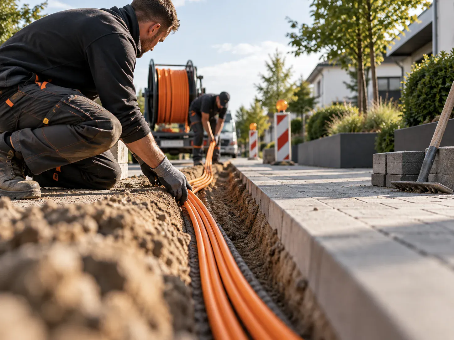 Glasfaserausbau mit orangefarbenen Leerrohren in einer offenen Trasse
